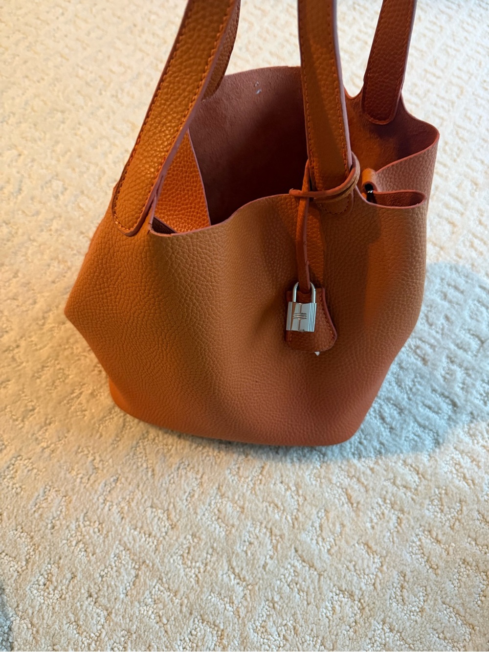 Pebbled Orange Bucket Tote with Silver Padlock Accent